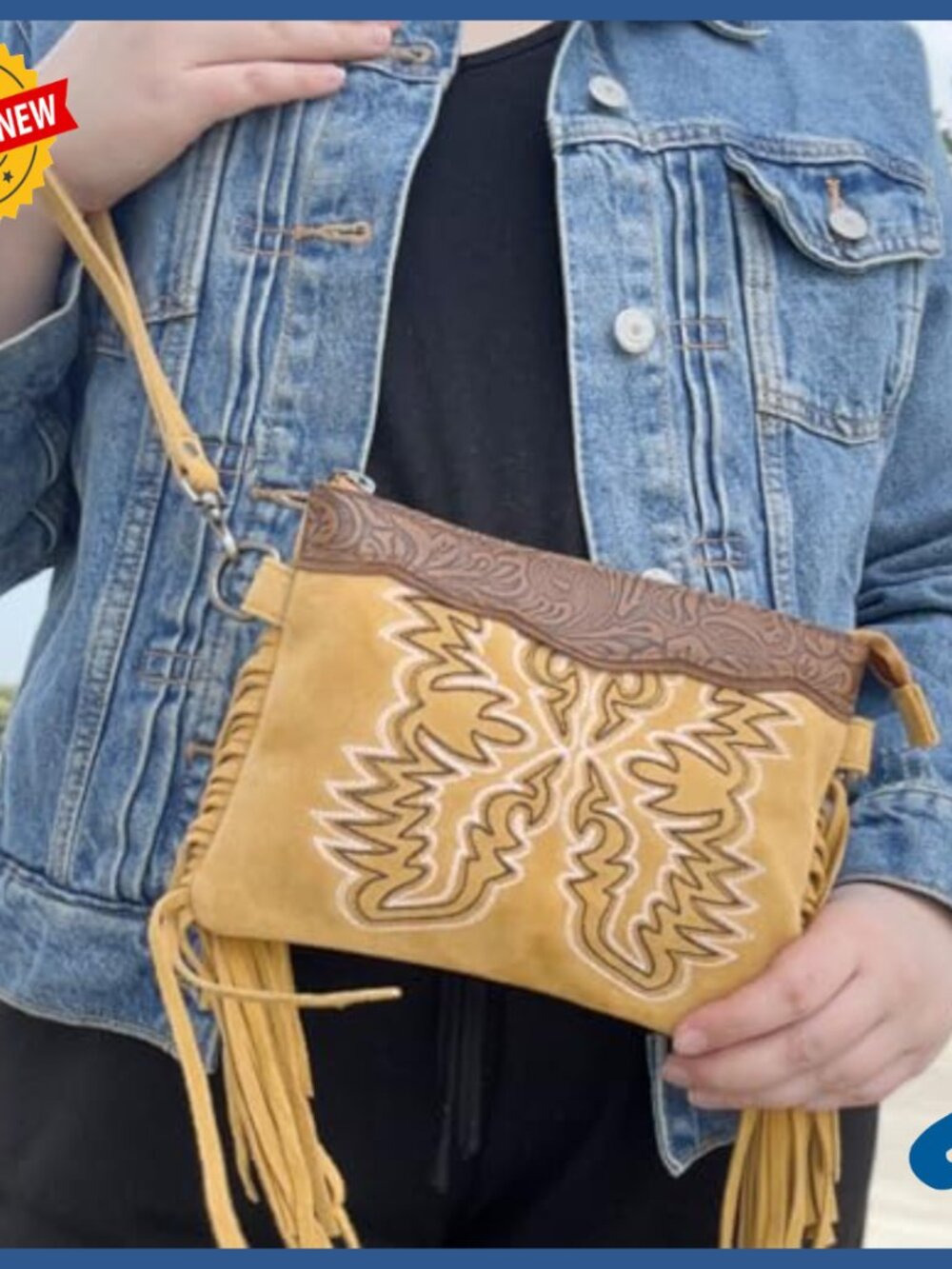 Leather Crossbody Bag with Fringe, Adjustable Strap, Zipper Pocket - Picture 3 of 7
